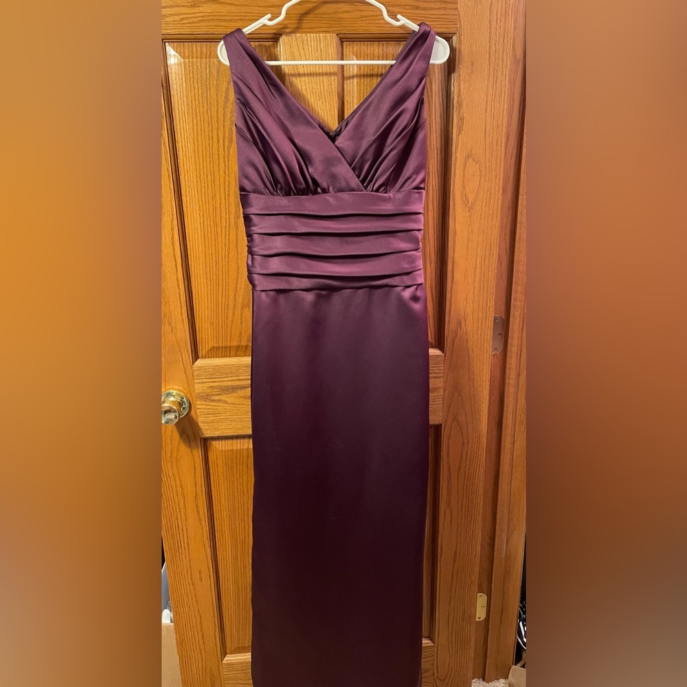 David’s Bridal plum, sleeveless, satin, full length, v-neck bridesmaids dress.